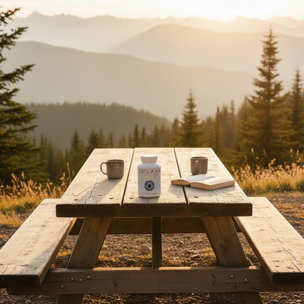 Oclaré Vision Support+ bottle with wellness tumbler at sunset yoga