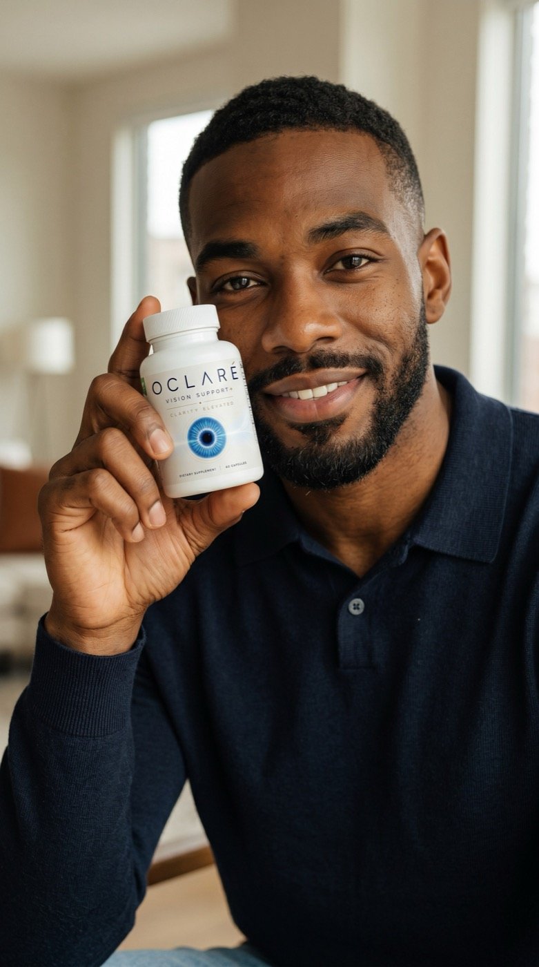Man holding Oclaré Vision Support+ bottle