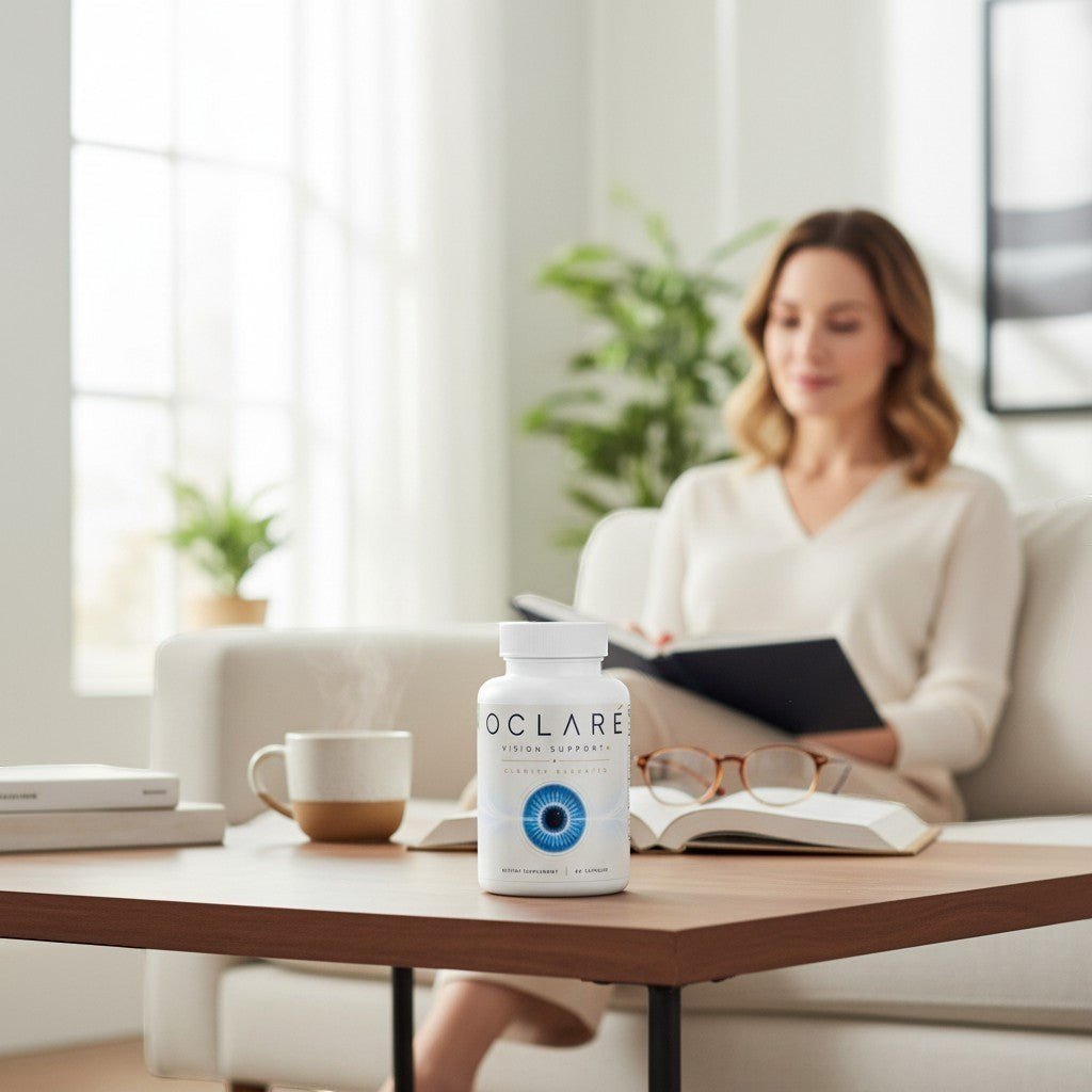 Oclaré Vision Support+ on a coffee table with morning coffee and study books